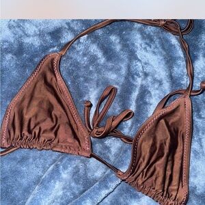 Frankie's Bikinis Chocolate Triangle Top pink stitching brown silky